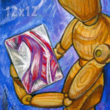 Load image into Gallery viewer, This illustration shows a wood mannequin holding a painting of a human's muscular system
