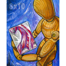 Load image into Gallery viewer, This illustration shows a wood mannequin holding a painting of a human's muscular system
