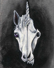 Load image into Gallery viewer, an illustration of a unicorn, split into two sides. the left side features half ot he unicorn's face, while the right side reveals its eerie skull. available as an art print

