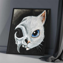 Load image into Gallery viewer, An art print featuring the face of a blue eyed white cat on the right side, and a stylized cat skull on the left side.
