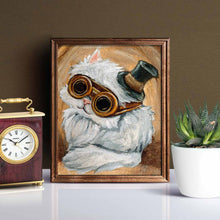 Load image into Gallery viewer, print of a white persian cat with steampunk goggles and a small top hat, against a soft brown background
