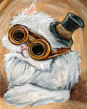 Load image into Gallery viewer, print of a white persian cat with steampunk goggles and a small top hat, against a soft brown background

