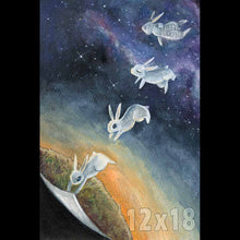 Load image into Gallery viewer, art print featuring an illustration of a white rabbit holding on to a corner of the image, pulling it up like a piece of paper, revealing darkness on the other side. the rabbit is painted three more times: it lets go of the corner and floats up, closing its eyes and relaxes as it floats up into the starry sky

