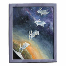 Load image into Gallery viewer, art print featuring an illustration of a white rabbit holding on to a corner of the image, pulling it up like a piece of paper, revealing darkness on the other side. the rabbit is painted three more times: it lets go of the corner and floats up, closing its eyes and relaxes as it floats up into the starry sky
