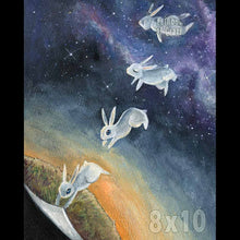 Load image into Gallery viewer, art print featuring an illustration of a white rabbit holding on to a corner of the image, pulling it up like a piece of paper, revealing darkness on the other side. the rabbit is painted three more times: it lets go of the corner and floats up, closing its eyes and relaxes as it floats up into the starry sky
