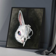 Load image into Gallery viewer, an art print featuring an illustration of a white rabbit's face. the image is split into two sides: the right side revealing the rabbit's skull.
