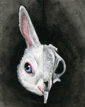 Load image into Gallery viewer, an art print featuring an illustration of a white rabbit's face. the image is split into two sides: the right side revealing the rabbit's skull.
