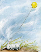 Load image into Gallery viewer, art print featuring a white rabbit lying on the sand, lost and tired. A single yellow balloon is attached to the rabbit's ear and floats above. 
