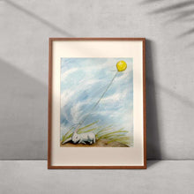 Load image into Gallery viewer, art print featuring a white rabbit lying on the sand, lost and tired. A single yellow balloon is attached to the rabbit's ear and floats above. 
