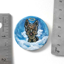 Load image into Gallery viewer, a small wood circle, hand painted with a portrait of an yorkshire terrier dog as an angel in the clouds, with a halo and wings
