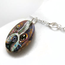 Load image into Gallery viewer, a wood disc is hand painted with a portrait of a boston terrier dog in rainbow colours. it's available as a wood keepsake, magnet or pendant necklace

