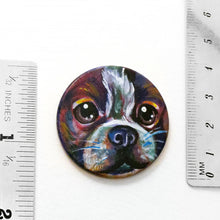 Load image into Gallery viewer, a wood disc is hand painted with a portrait of a boston terrier dog in rainbow colours. it's available as a wood keepsake, magnet or pendant necklace
