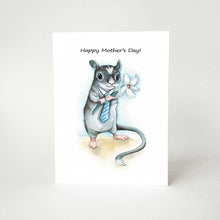 Load image into Gallery viewer, A greeting card printed wtih art of a gerbil, wearing a blue tie and holding a flower, it reads, "Happy Mother's Day!"

