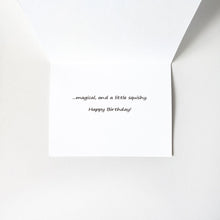 Load image into Gallery viewer, The inside of the Unicorn Poop greeting card, with text that reads, "..magical, and a little squishy. Happy Birthday!"

