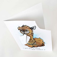 Load image into Gallery viewer, a greeting card with art of an alpaca. text reads, "i got you a card! ... but i eated it". the top right corner of the card is ripped off and hangs from the alpaca's mouth
