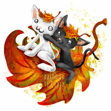 Load image into Gallery viewer, an art print featuring a black cat and white cat with maple leaves on their heads, flying on top of a giant maple leaf
