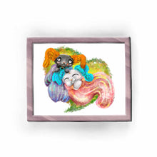 Load image into Gallery viewer, an art print featuring an illustration of two cats curled up in giant fuzzy socks and smaller socks on their ears. the black cat is knitting while the white cat is sleeping

