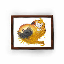 Load image into Gallery viewer, an art print featuring an illustration of a white cat as a scarecrow, and a black cat as a crow, both playing on a wheat field painted in the shape of a heart.
