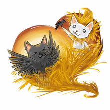 Load image into Gallery viewer, an art print featuring an illustration of a white cat as a scarecrow, and a black cat as a crow, both playing on a wheat field painted in the shape of a heart.
