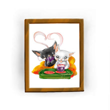 Load image into Gallery viewer, an art print featuring an illustration of a black cat and a white cat, wrapped up in a blanket, sipping soup. Steam rises up into a shape of a heart.
