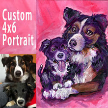 Load image into Gallery viewer, a custom pet portrait of two dogs, hand painted on 4x6" canvas board
