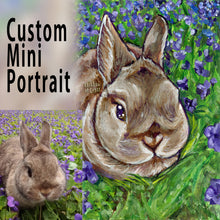 Load image into Gallery viewer, A custom portrait painting is ACEO sized (2.5" by 3.5") featuring a brown bunny rabbit sitting in a field of purple flowers.
