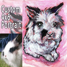 Load image into Gallery viewer, a custom pet portrait of a rabbit, hand painted on 4x6" canvas board
