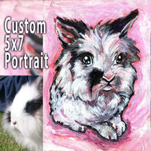 Load image into Gallery viewer, A custom pet portrait, on 5x7 inch canvas, with art of a black and white lionhead rabbit
