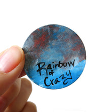 Load image into Gallery viewer, the back of the hedgehog angel painting, painted on a wood circle, signed with "Rainbow of Crazy"
