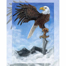 Load image into Gallery viewer, an art print of the ace of swords card from the Animism tarot: an eagle perches on a sword, above the clouds and mountains
