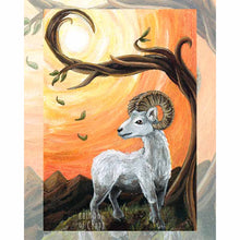 Load image into Gallery viewer, an art print featuring the ace of wands card from the animism tarot: a white ram, standing on the top of a mountain, under a twisted tree and an orange sky.
