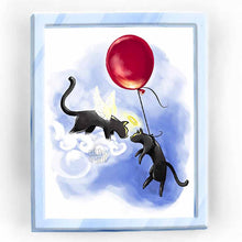 Load image into Gallery viewer, An art print featuring an angel black cat greeting another black cat that is floating up thanks to a red ballloon.
