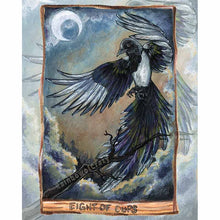 Load image into Gallery viewer, An art print of the Eight of Cups from the Animism Tarot, which features a magpie rising from a tree branch and leaving its home for the last time.
