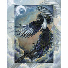 Load image into Gallery viewer, An art print of the Eight of Cups from the Animism Tarot, which features a magpie rising from a tree branch and leaving its home for the last time.
