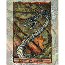Load image into Gallery viewer, An art print of the Eight of Wands, from the animism tarot. A black Mamba snake rises up, ready to strike.
