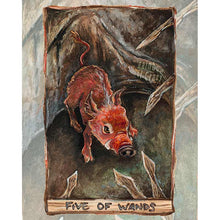 Load image into Gallery viewer, an art print of the five of wands from the animism tarot, featuring a wild boar defending itself from five spears.
