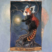 Load image into Gallery viewer, An art print of The Hermit, from the Animism Tarot, which features a red panda on a tree, with one paw reaching out to a bright firefly
