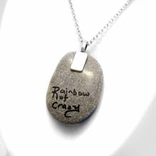 Load image into Gallery viewer, the back of the Aquarius necklace, signed with, Rainbow of Crazy
