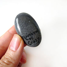 Load image into Gallery viewer, The back of the Australian Shepherd dog portrait stone, signed with "rainbow of crazy"
