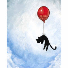 Load image into Gallery viewer, an art print with an illustration of a silhouette of a black cat, attached by the waist to a big red balloon, as it floats through a blue cloudy sky
