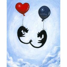 Load image into Gallery viewer, An art print featuring an illustration of two black cats, floating in the sky, one with a red heart balloon, the other with a navy blue balloon, tails intertwined.
