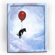 Load image into Gallery viewer, an art print featuring an illustration of a black dachshund dog, floating through a cloudy blue sky, with the help of a single red balloon.
