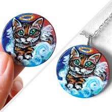 Load image into Gallery viewer, a small, wood circle, hand painted with a portrait of a Bengal cat as an angel resting on clouds

