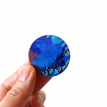Load image into Gallery viewer, a small, wood circle, hand painted with a portrait of a Bengal cat as an angel resting on clouds, the back is signed with, Rainbow of Crazy
