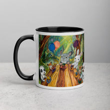 Load image into Gallery viewer, An 11 oz ceramic coffee mug, with black trim, printed with artwork of a cupcake party with three rabbits, two hamsters and a chinchilla in the forest
