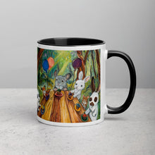 Load image into Gallery viewer, An 11 oz ceramic coffee mug, with black trim, printed with an illustration of a cupcake party with three rabbits, two hamsters and a chinchilla in the forest
