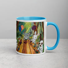 Load image into Gallery viewer, An 11 oz ceramic coffee mug, with blue trim, printed with artwork of a cupcake party with three rabbits, two hamsters and a chinchilla in the forest
