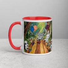Load image into Gallery viewer, An 11 oz ceramic coffee mug, with red trim, printed with an illustration of a cupcake party with three rabbits, two hamsters and a chinchilla in the forest
