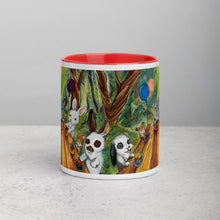Load image into Gallery viewer, An 11 oz ceramic coffee mug, with red trim, printed with an illustration of a cupcake party with three rabbits, two hamsters and a chinchilla in the forestAn 11 oz ceramic coffee mug, with red trim, printed with art of a cupcake party with three rabbits, two hamsters and a chinchilla in the forest

