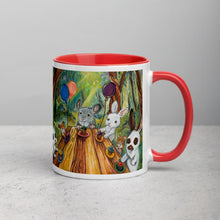 Load image into Gallery viewer, An 11 oz ceramic coffee mug, with red trim, printed with art of a cupcake party with three rabbits, two hamsters and a chinchilla in the forest
